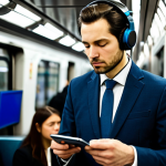 A focused professional, fully clothed in a modest business suit, utilizing micro-learning during a busy commute on a modern subway. They are listening to a podcast on a mobile device with headphones, with a serene and concentrated expression. The background features blurred city lights seen through the window, emphasizing a dynamic yet productive environment. The scene is well-lit, capturing a calm and efficient atmosphere. safe for work, appropriate content, fully clothed, professional, perfect anatomy, correct proportions, natural pose, well-formed hands, proper finger count, natural body proportions, professional photography, high quality image, appropriate attire.