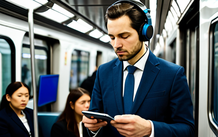 A focused professional, fully clothed in a modest business suit, utilizing micro-learning during a busy commute on a modern subway. They are listening to a podcast on a mobile device with headphones, with a serene and concentrated expression. The background features blurred city lights seen through the window, emphasizing a dynamic yet productive environment. The scene is well-lit, capturing a calm and efficient atmosphere. safe for work, appropriate content, fully clothed, professional, perfect anatomy, correct proportions, natural pose, well-formed hands, proper finger count, natural body proportions, professional photography, high quality image, appropriate attire.