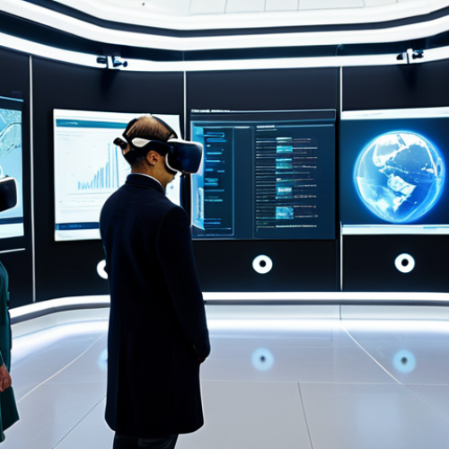 A diverse group of adult learners in a futuristic learning center, fully clothed in modest professional attire, deeply engaged in a virtual reality experience. Some wear sleek VR headsets, others interact with an augmented reality overlay on a large, glowing interactive display showing a complex historical monument or anatomical model. The setting is a well-lit, high-tech exhibition hall with clean lines and ambient lighting. Professional photography, high resolution, perfect anatomy, correct proportions, natural pose, well-formed hands, proper finger count, natural body proportions, safe for work, appropriate content, fully clothed, professional, family-friendly.