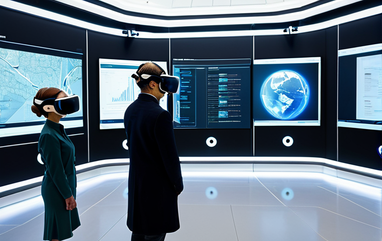 A diverse group of adult learners in a futuristic learning center, fully clothed in modest professional attire, deeply engaged in a virtual reality experience. Some wear sleek VR headsets, others interact with an augmented reality overlay on a large, glowing interactive display showing a complex historical monument or anatomical model. The setting is a well-lit, high-tech exhibition hall with clean lines and ambient lighting. Professional photography, high resolution, perfect anatomy, correct proportions, natural pose, well-formed hands, proper finger count, natural body proportions, safe for work, appropriate content, fully clothed, professional, family-friendly.
